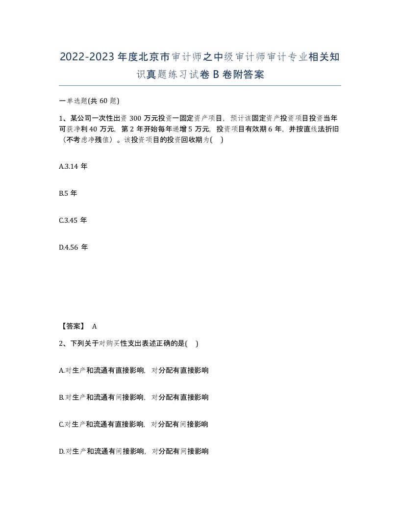 2022-2023年度北京市审计师之中级审计师审计专业相关知识真题练习试卷B卷附答案