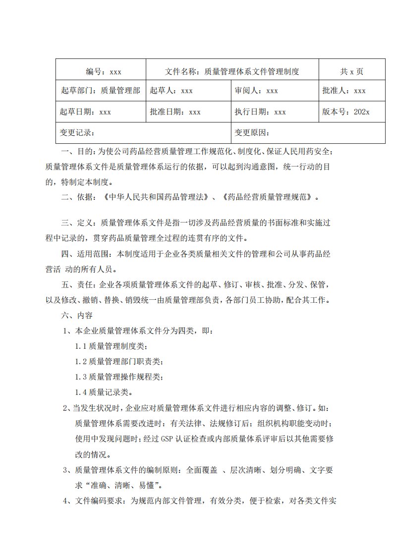 GSP药品批发企业质量管理体系文件管理制度