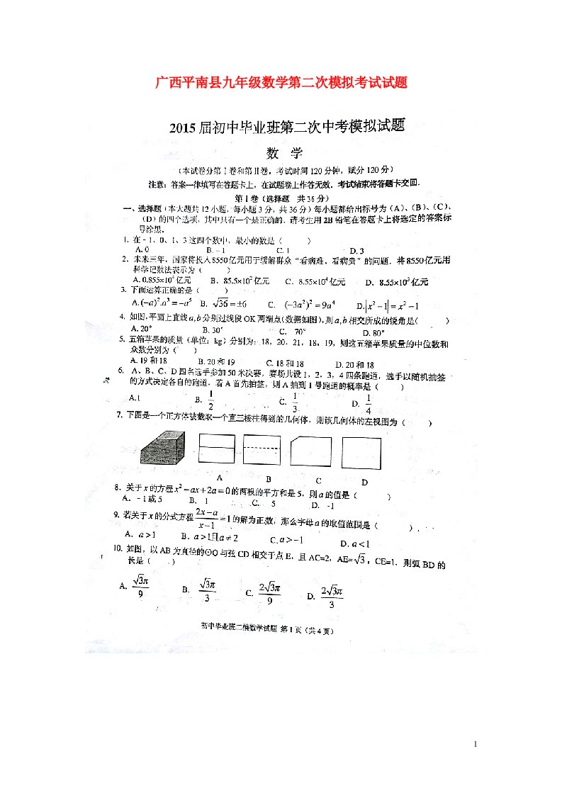 广西平南县九级数学第二次模拟考试试题（扫描版）