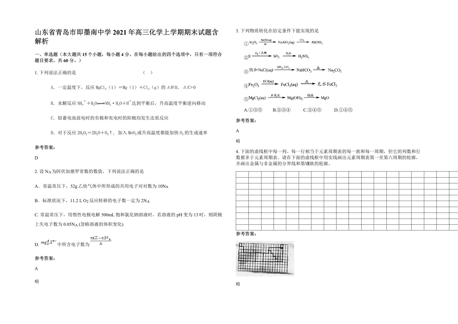 山东省青岛市即墨南中学2021年高三化学上学期期末试题含解析