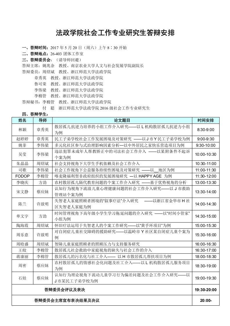 法政学院社会工作专业研究生答辩安排