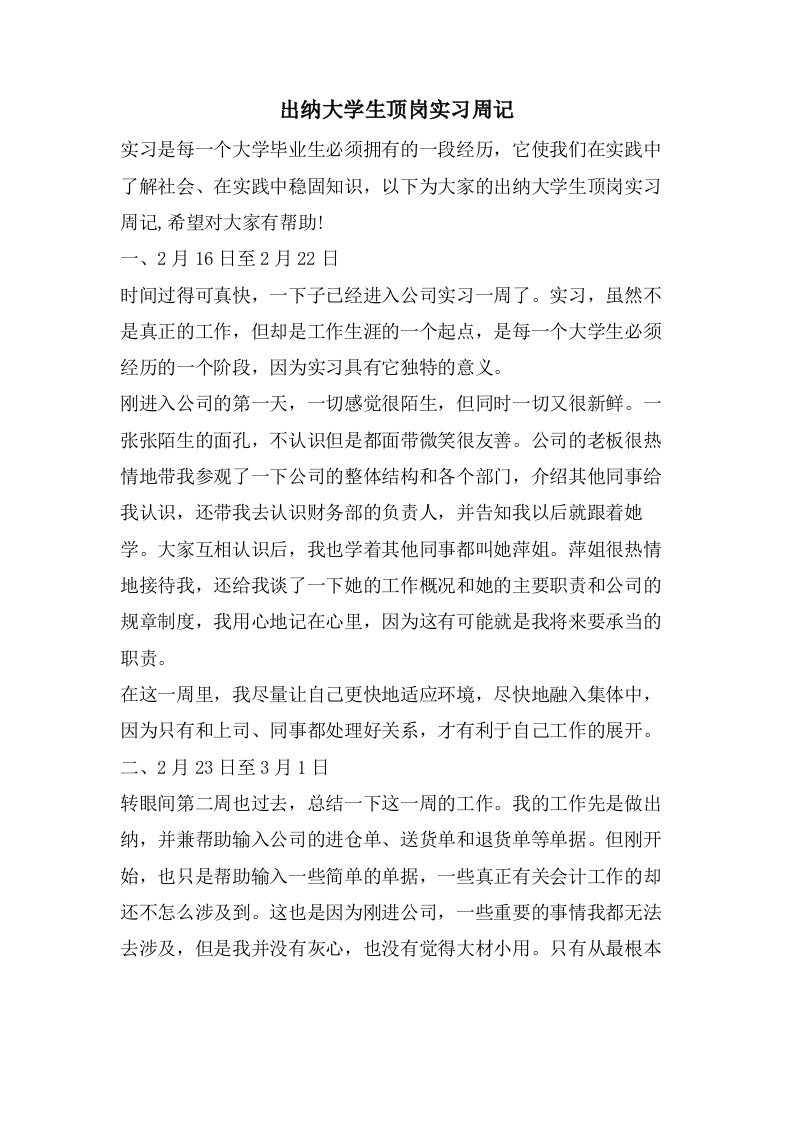 出纳大学生顶岗实习周记