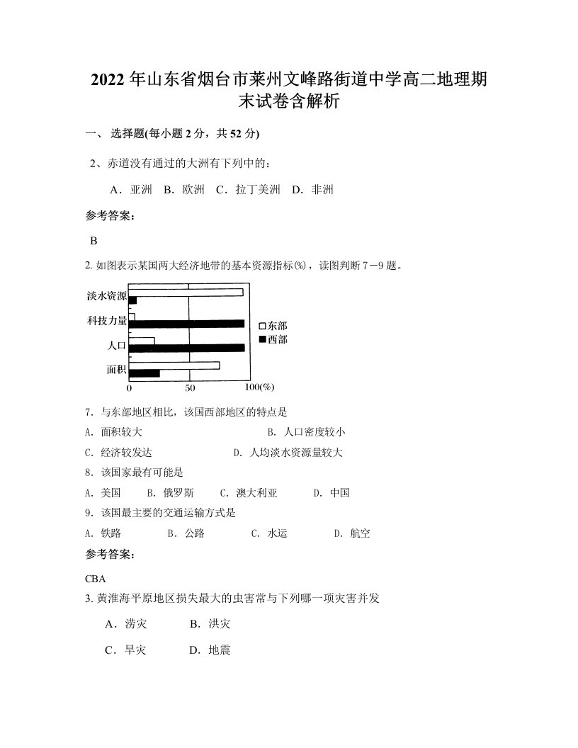 2022年山东省烟台市莱州文峰路街道中学高二地理期末试卷含解析