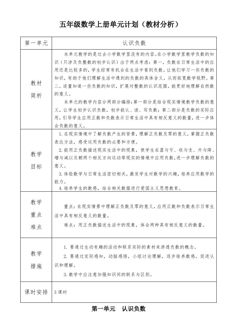 苏教版五年级数学上册教案表格式