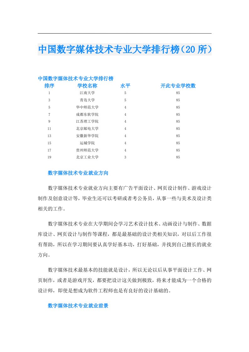 中国数字媒体技术专业大学排行榜（20所）