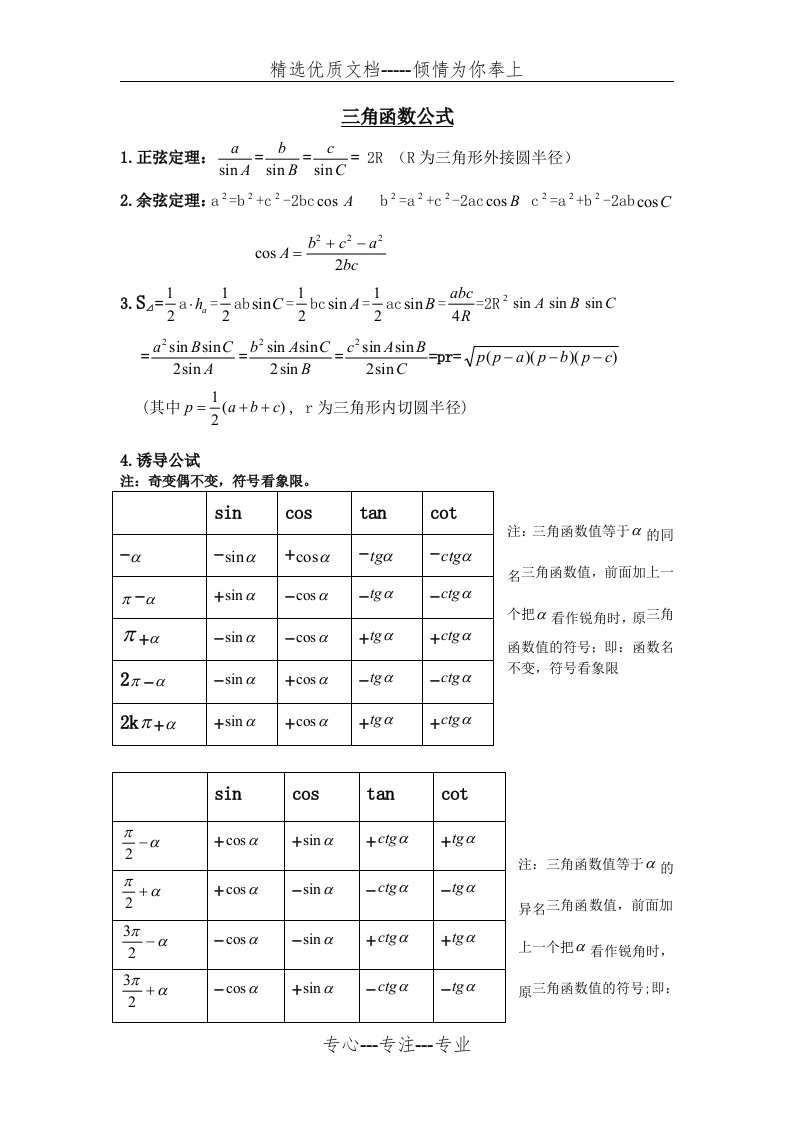 高中数学三角函数公式大全全解(共4页)