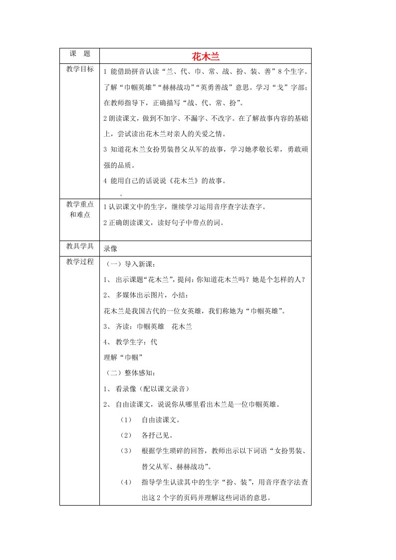 小学一年级语文下册花木兰教案沪教版