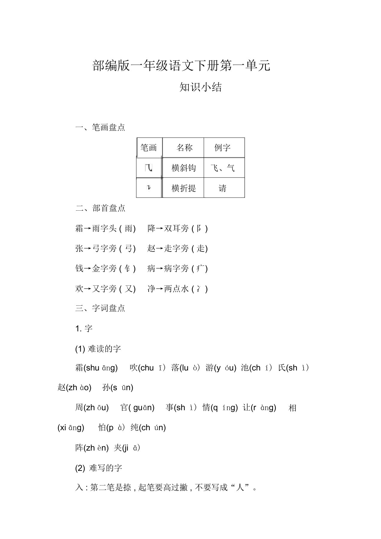 部编版一年级语文下册第一单元知识点汇总