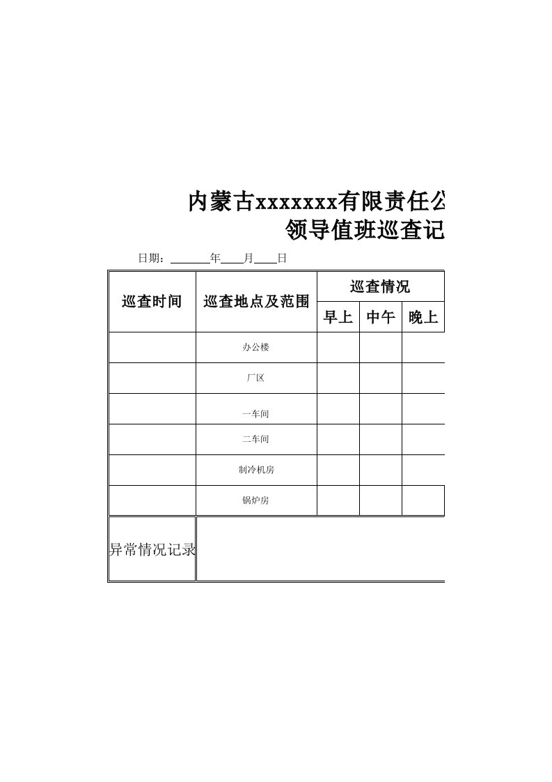 重大节假日领导带班值班巡查记录表