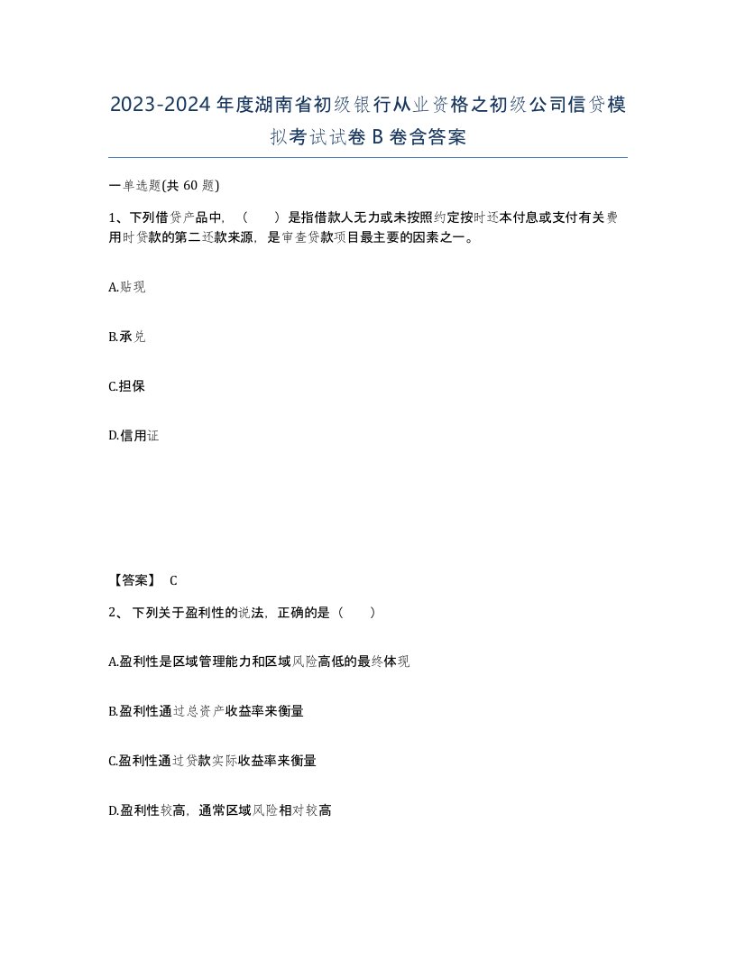 2023-2024年度湖南省初级银行从业资格之初级公司信贷模拟考试试卷B卷含答案