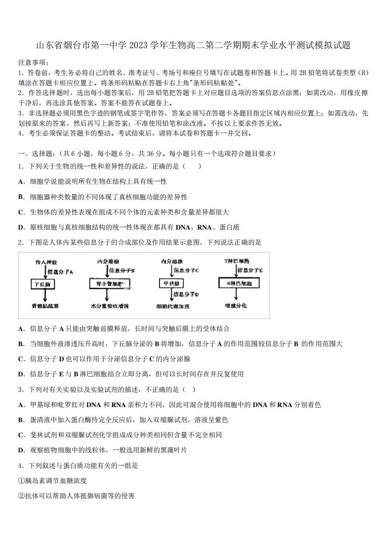 学年生物高二第二学期期末学业水平测试模拟试题(含解析)