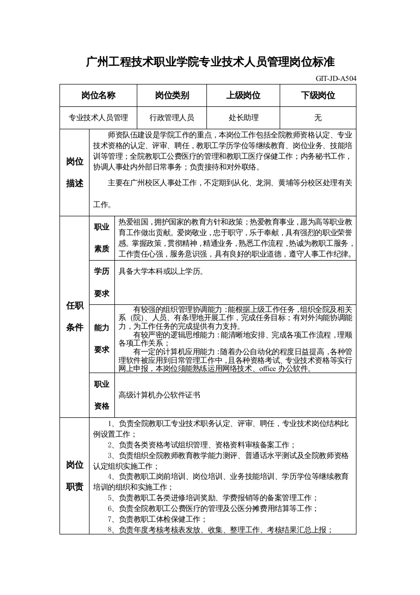 广州工程技术职业学院专业技术人员管理岗位标准