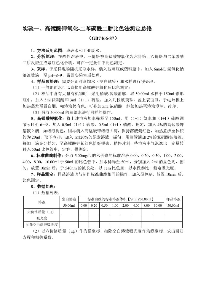 实验一、二苯碳酰二肼比色法测定总铬——GB7466-87