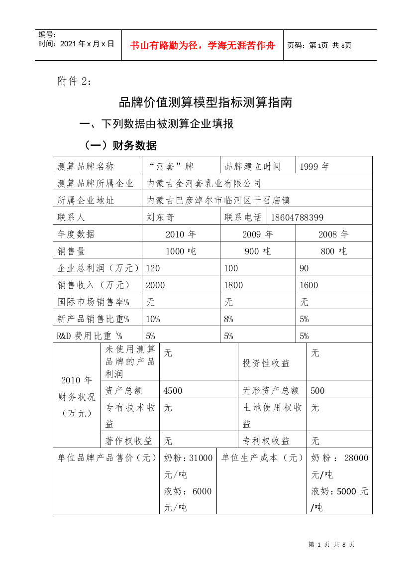 品牌价值测算模型指标测算指南