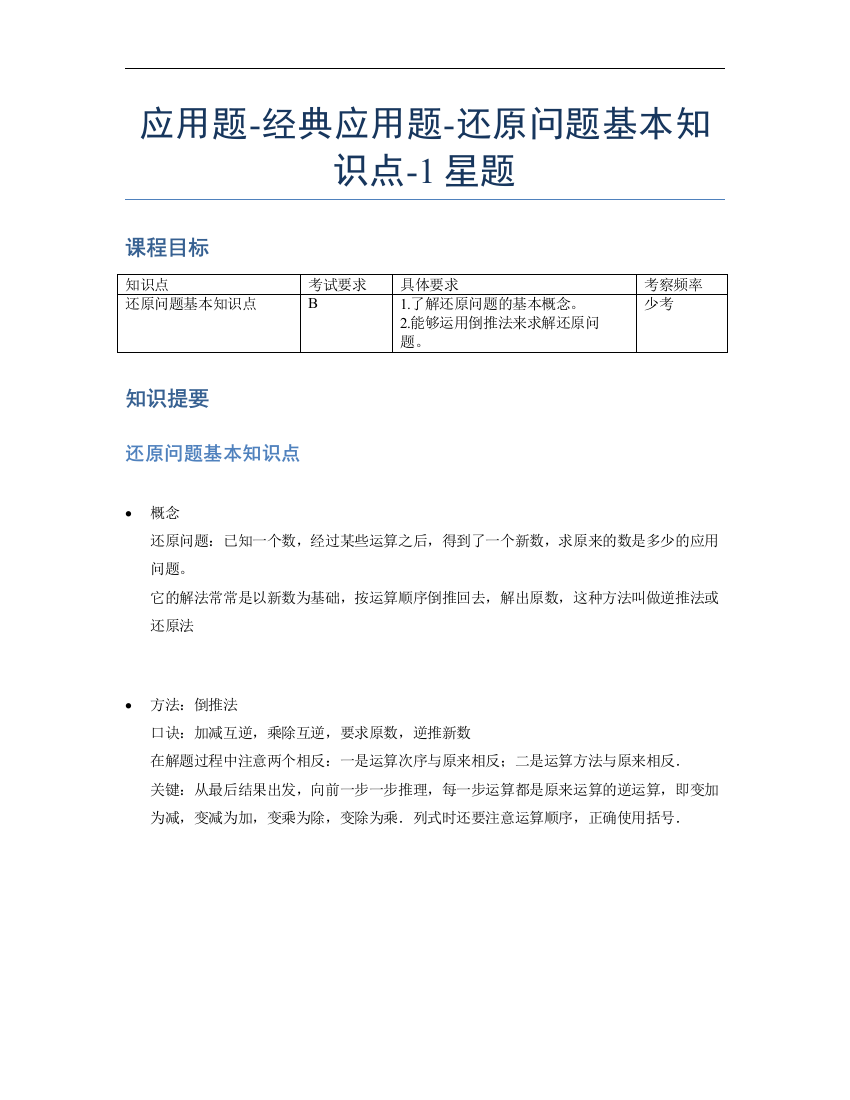 小学数学母题专项训练《应用题》经典还原问题基本知识点-1星题（含解析）全国通用版