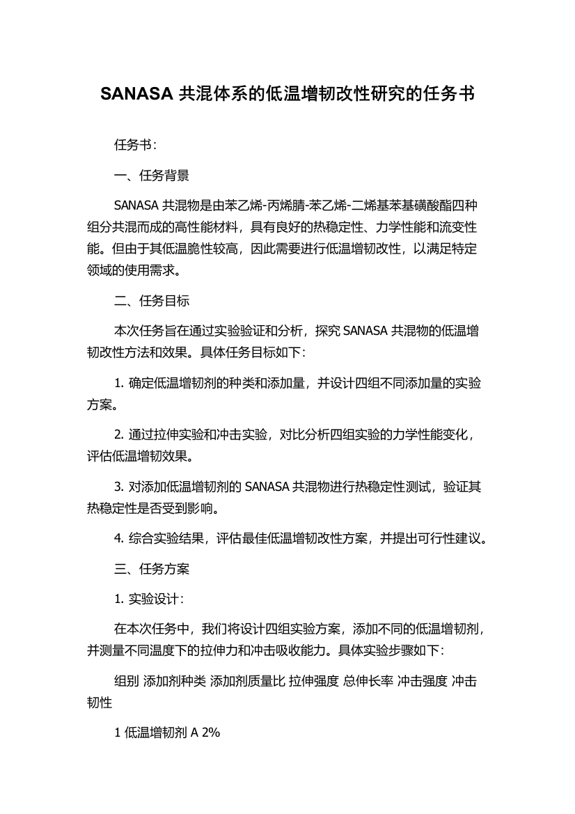 SANASA共混体系的低温增韧改性研究的任务书