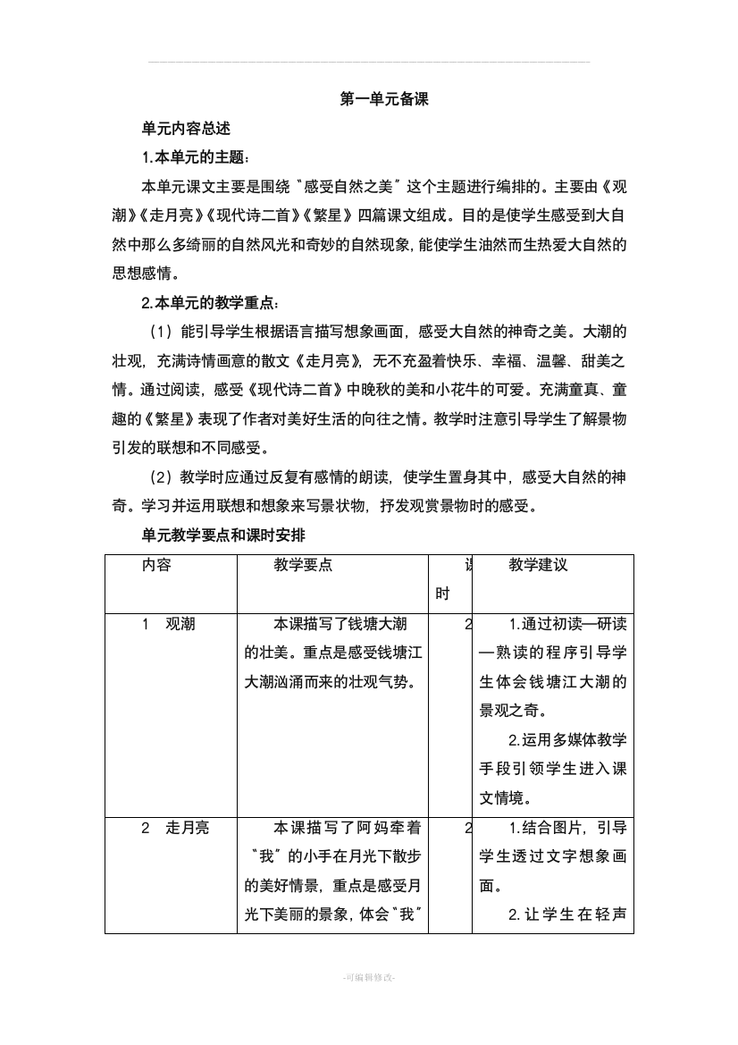 2019秋季部编版小学语文四年级年级上册全册单元备课(集体备课)集体单元备课-单元教材简析