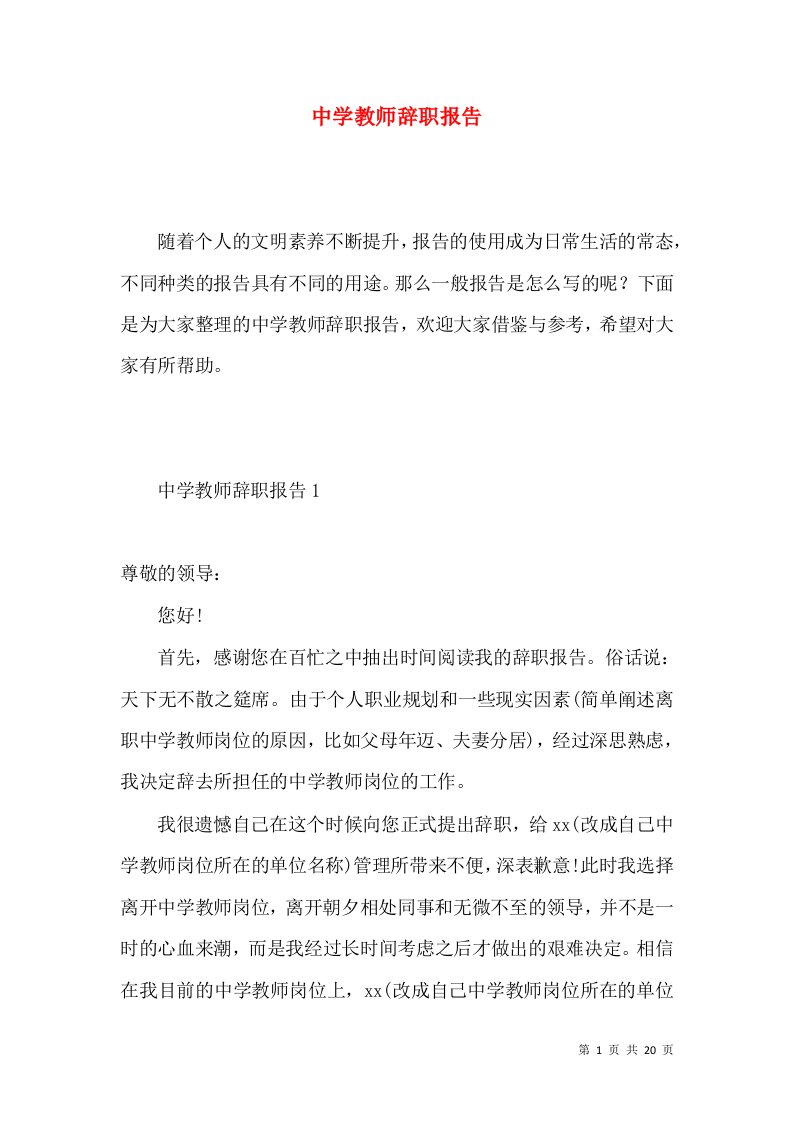 中学教师辞职报告5