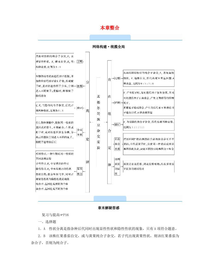 新教材2023年高中生物第1章遗传因子的发现本章整合学案新人教版必修2