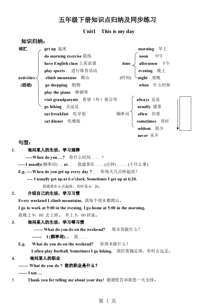 五年级下册英语素材知识点归纳及练习-人教457