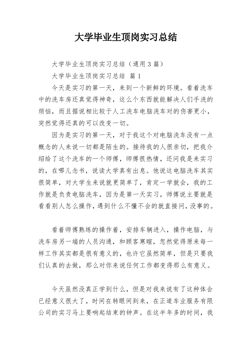 大学毕业生顶岗实习总结