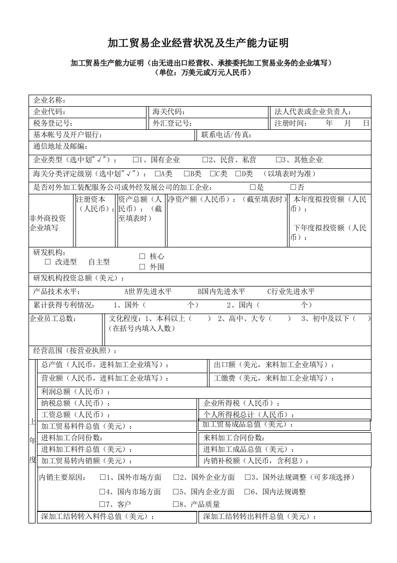 加工贸易企业经营状况和生产能力证明