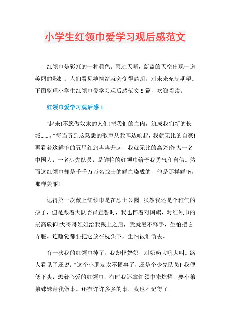 小学生红领巾爱学习观后感范文