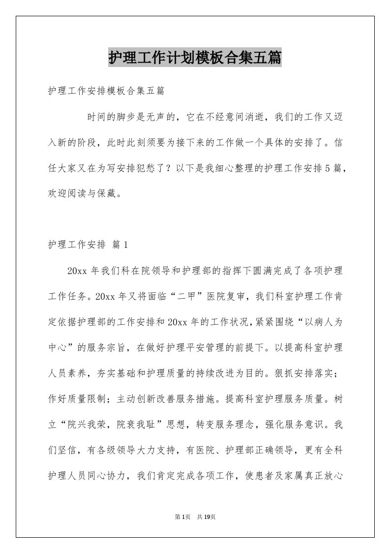 护理工作计划模板合集五篇范文