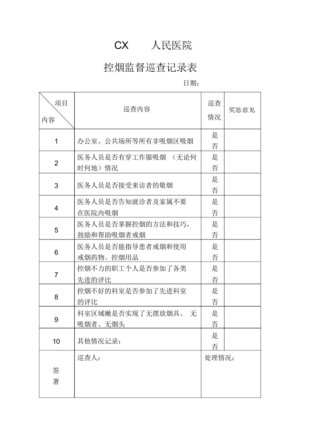 医院控烟监督巡查记录表