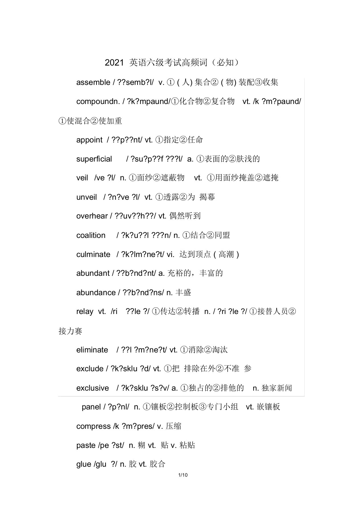 2021英语六级考试高频词(必知)