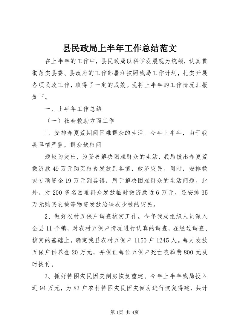 6县民政局上半年工作总结范文