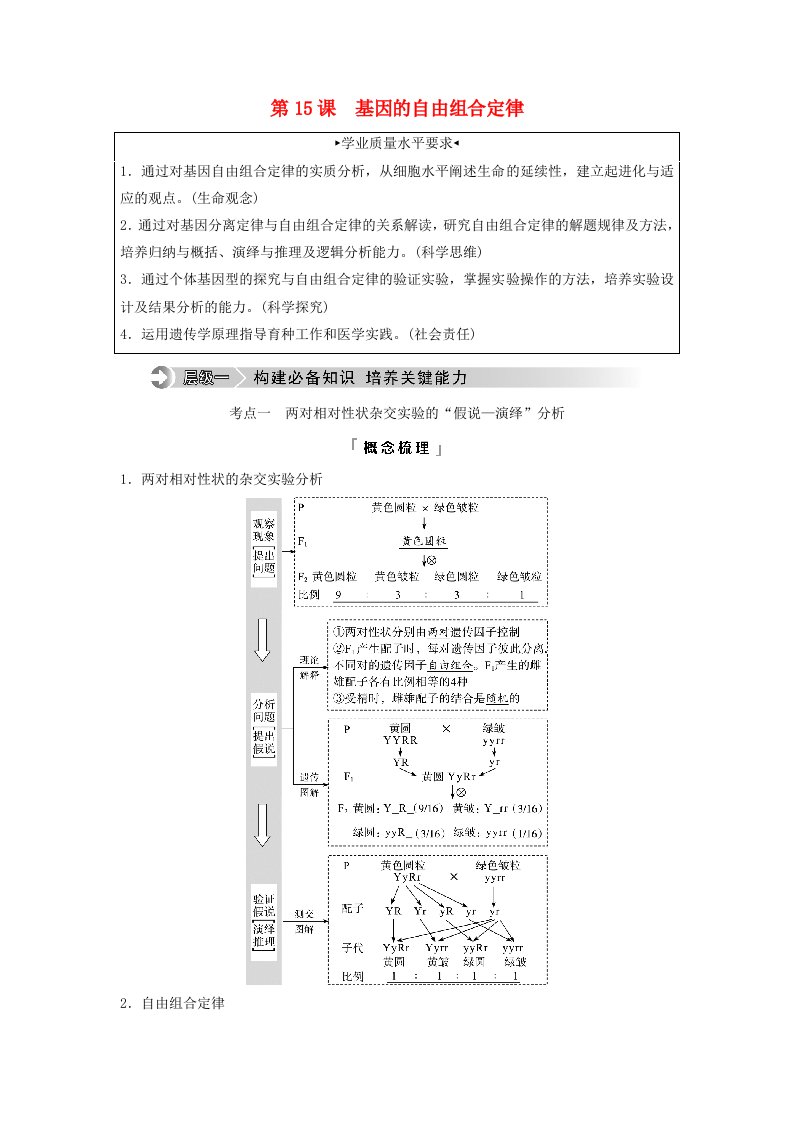 2024版高考生物一轮总复习第5单元遗传的基本规律与伴性遗传第15课基因的自由组合定律教师用书