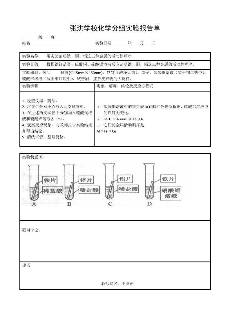 九年级下册化学分组实验报告单