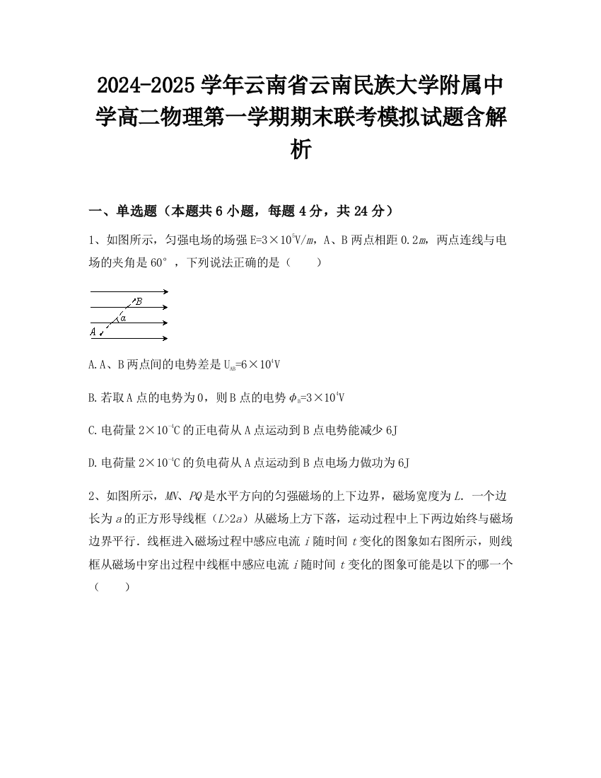 2024-2025学年云南省云南民族大学附属中学高二物理第一学期期末联考模拟试题含解析