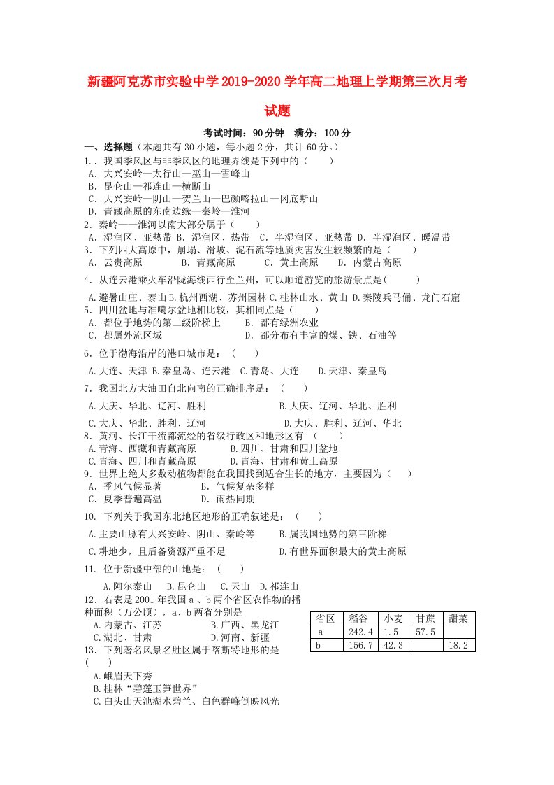 新疆阿克苏市实验中学2019-2020学年高二地理上学期第三次月考试题