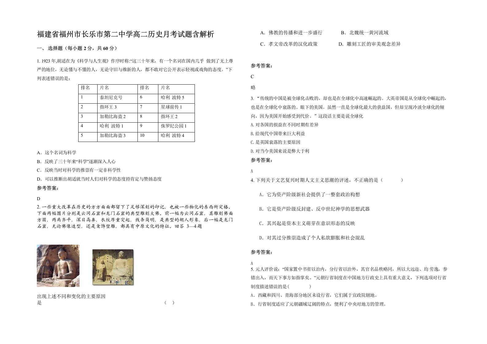 福建省福州市长乐市第二中学高二历史月考试题含解析