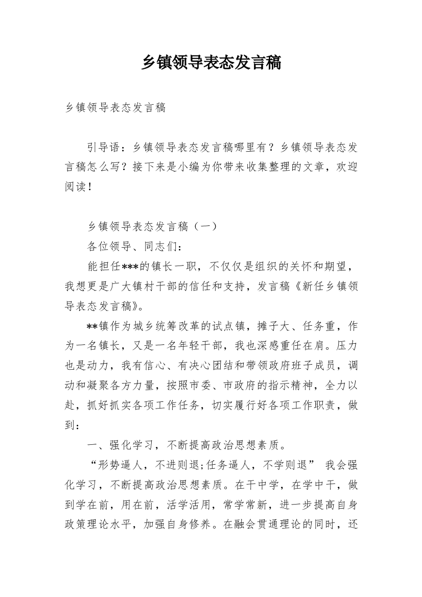 乡镇领导表态发言稿