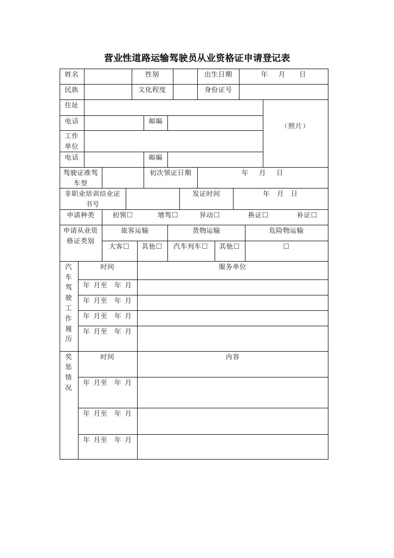 交通运输-营业性道路运输驾驶员从业资格证申请登记表