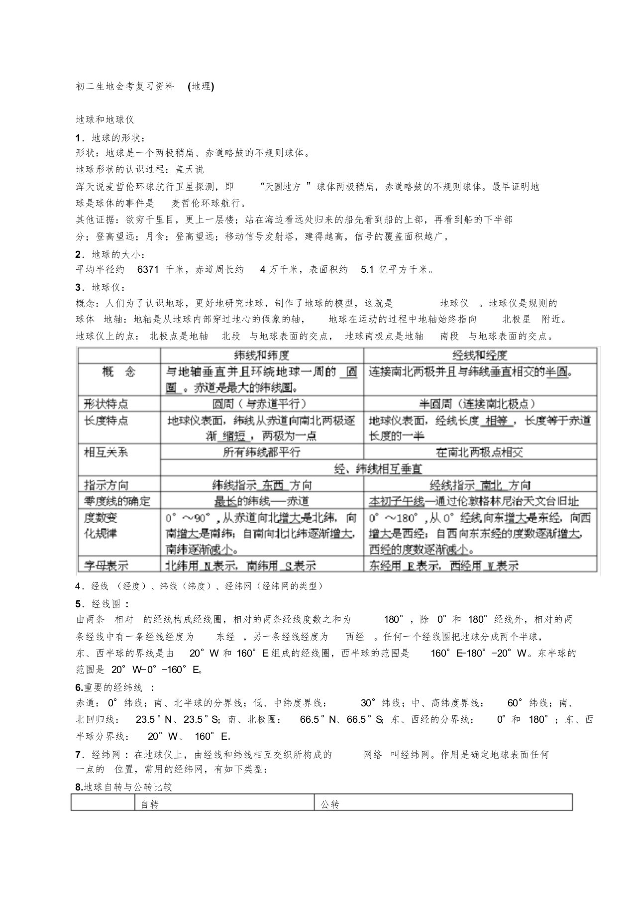 长沙初二生地会考复习资料(地理)