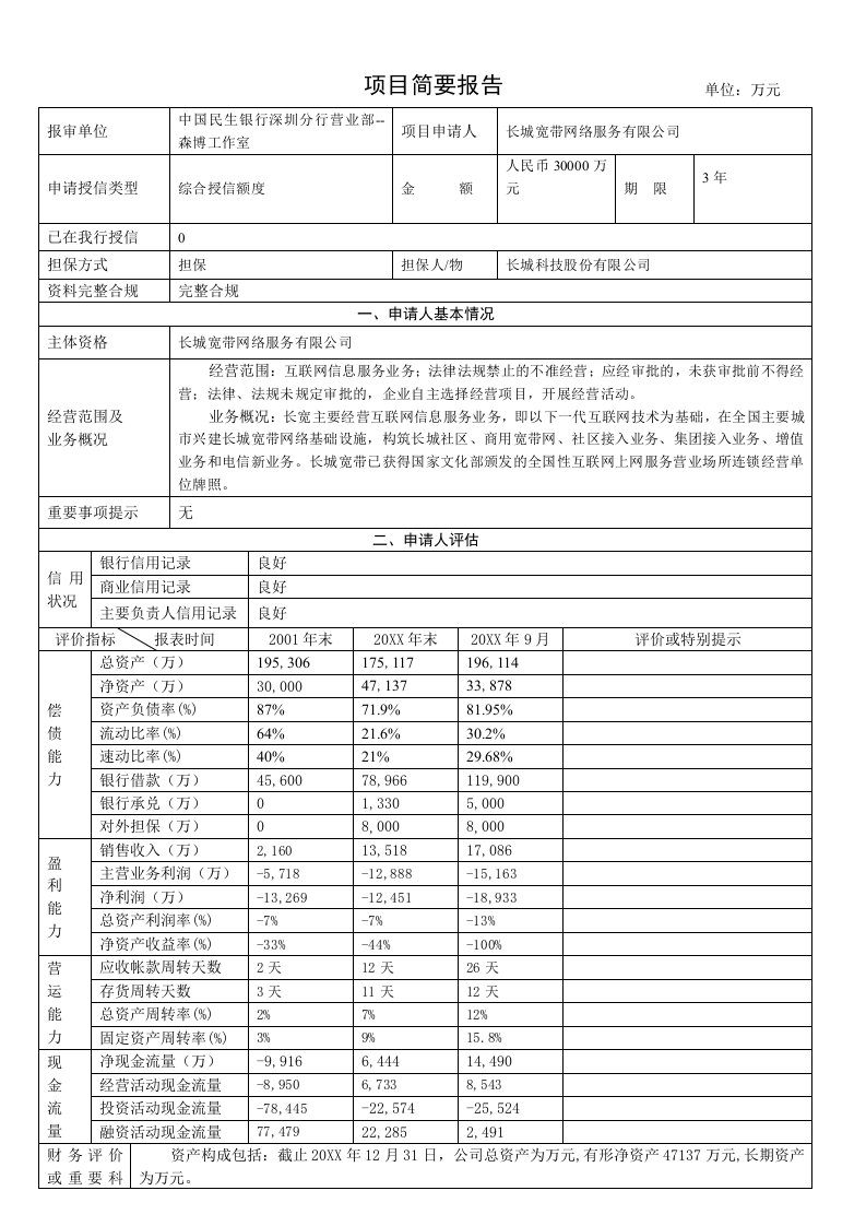 金融保险-民生银行授信全套资料简要报告