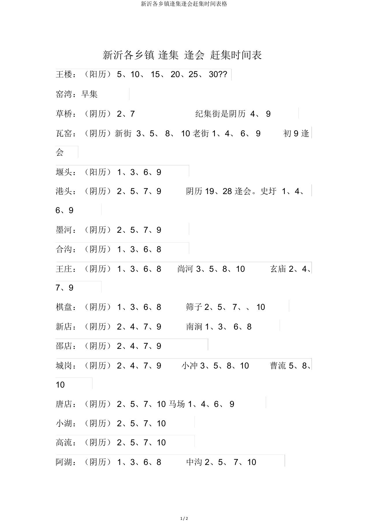 新沂各乡镇逢集逢会赶集时间表格