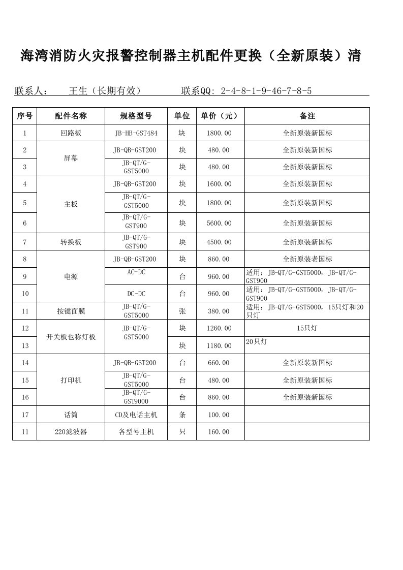 海湾消防火灾报警控制器主机配件更换(全新原装)清单