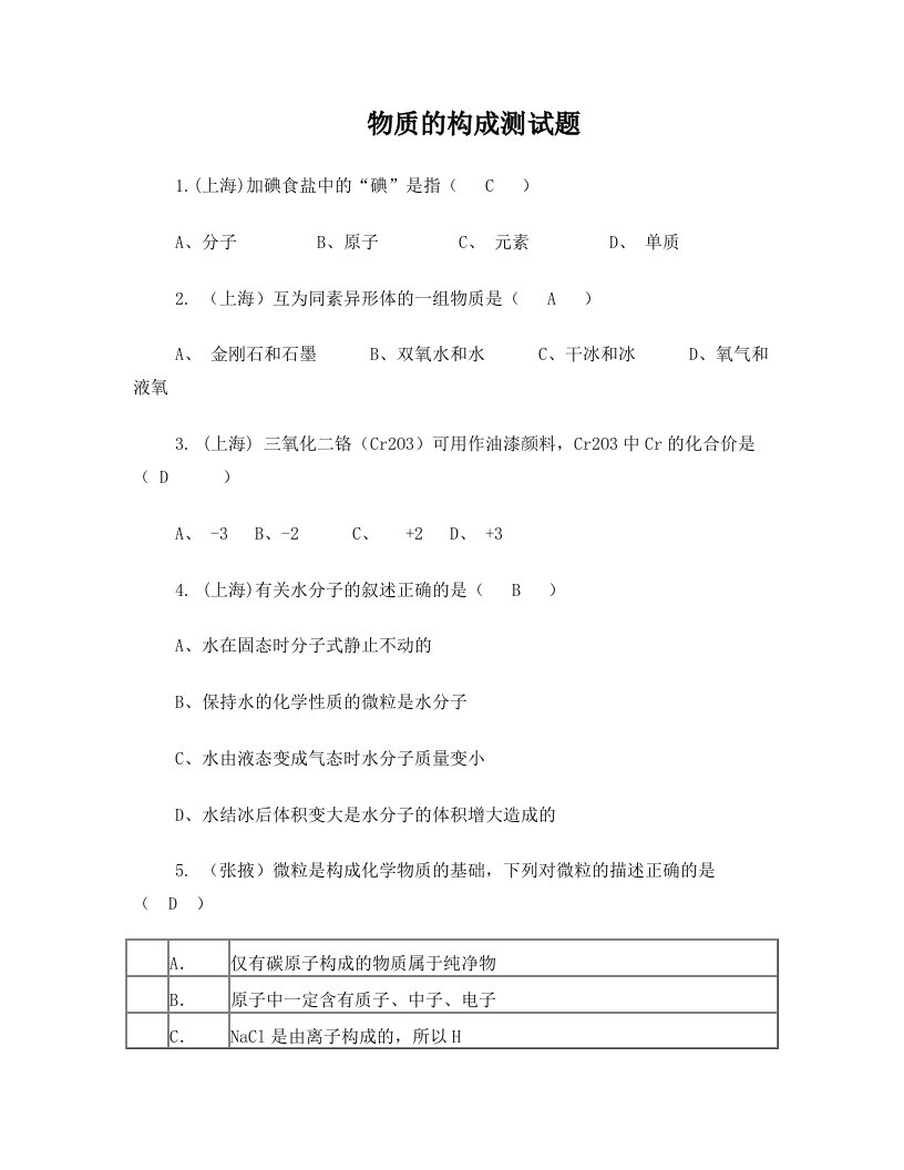 河北省沧州市献县垒头中学2016届中考化学一轮专题复习+物质的构成测试题