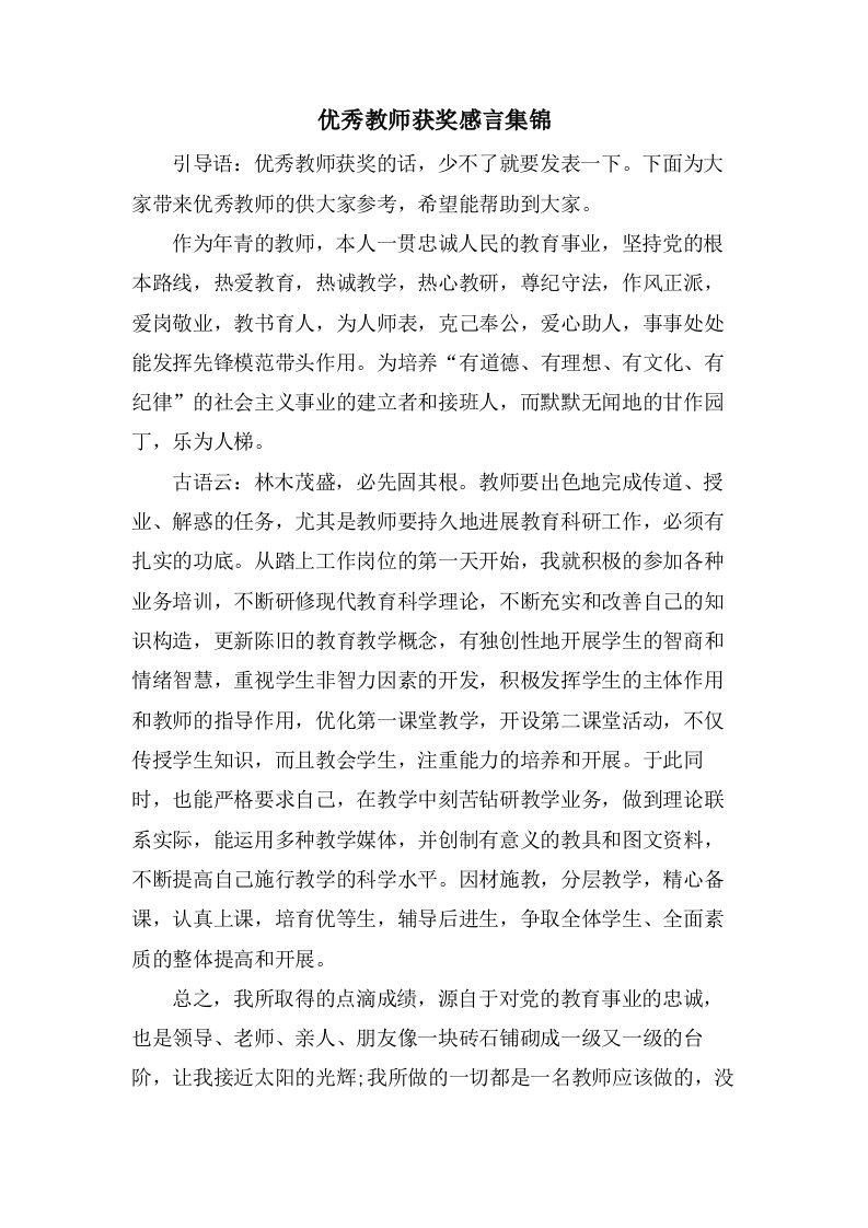 优秀教师获奖感言集锦