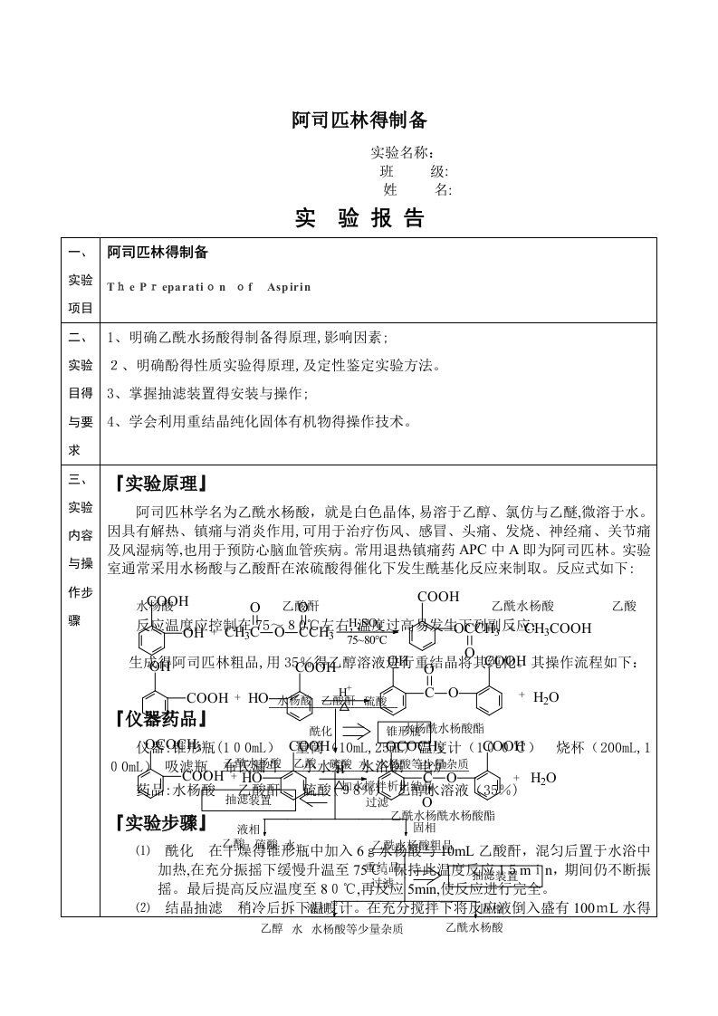 阿司匹林的制备实验报告