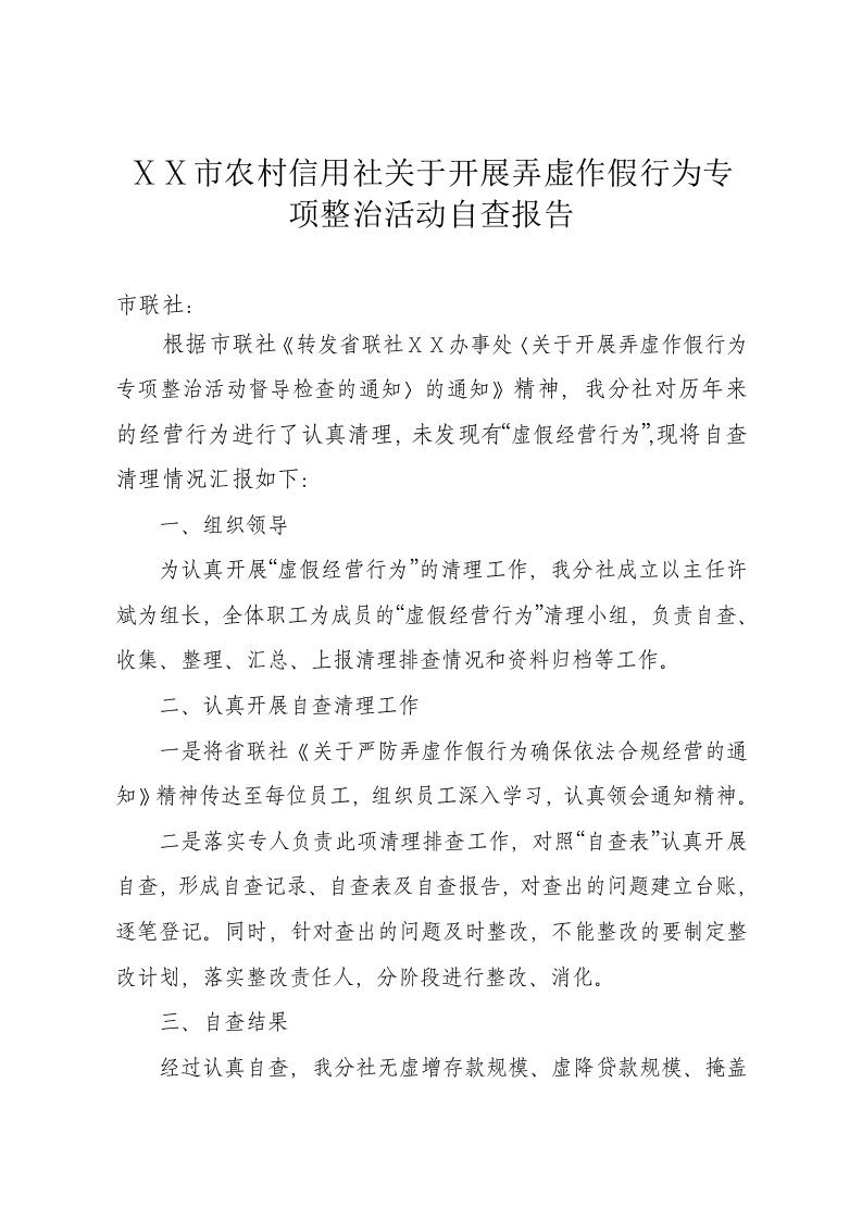 市农村信用社关于开展弄虚作假行为专项整治活动自查报告