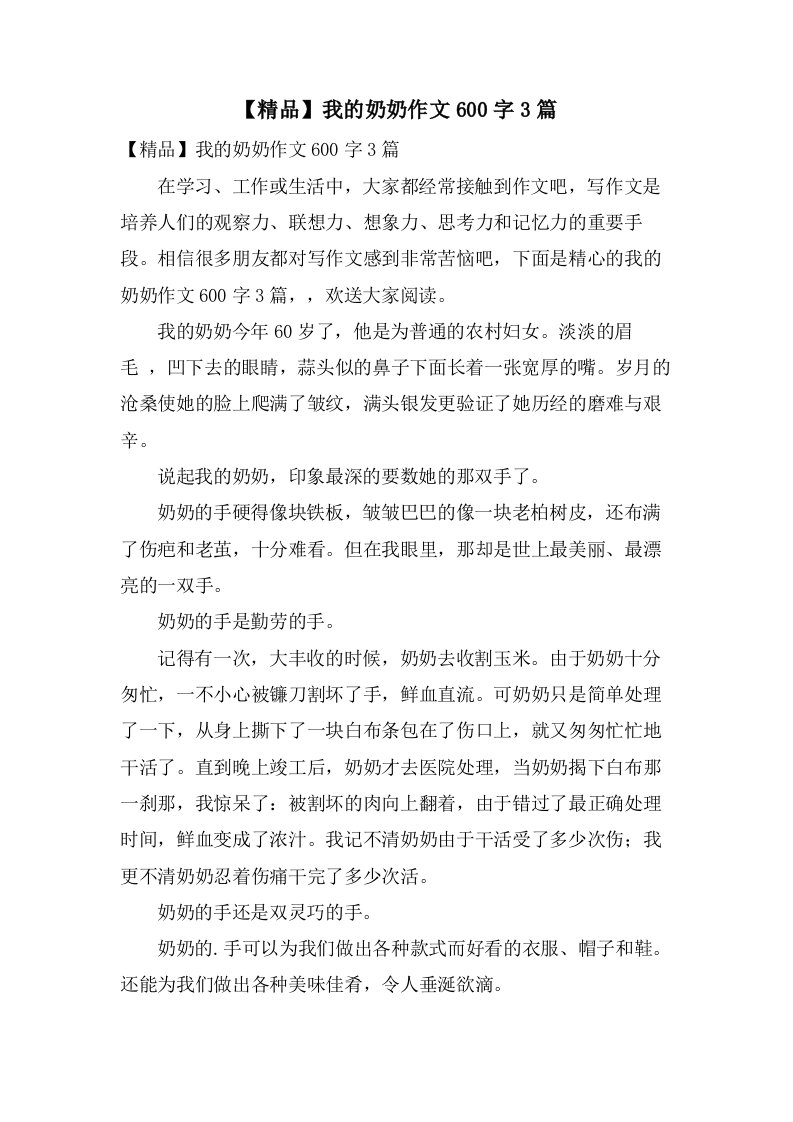 我的奶奶作文600字3篇