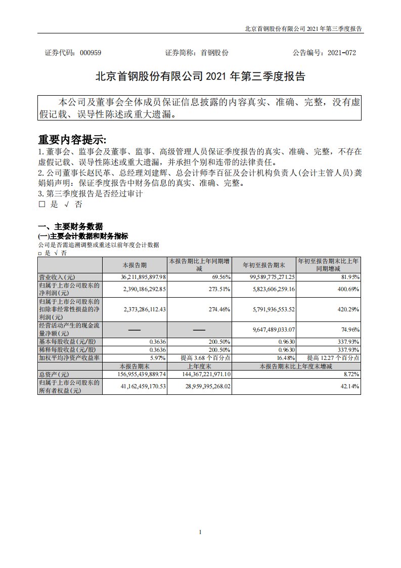 深交所-首钢股份：2021年第三季度报告-20211030