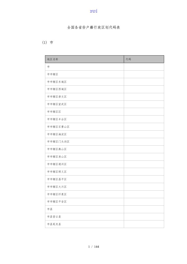 全国各省份户籍行政区划代码表(准确)