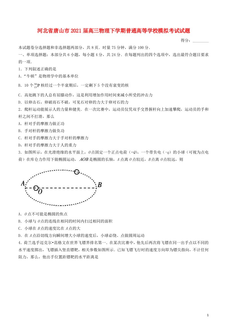 河北省唐山市2021届高三物理下学期普通高等学校模拟考试试题